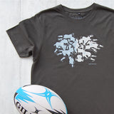 charcoal t-shirt with rugby scrum design